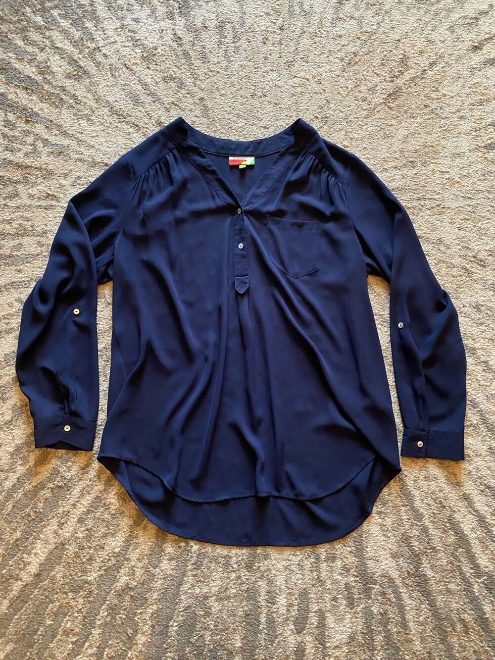 Fervour Navy Blue Chiffon Roll-Tab Sleeve V-Neck Pocket Blouse